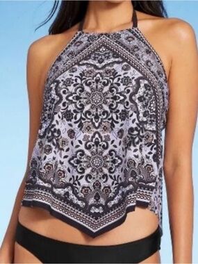 Kona Sol Women’s XL Tankini Swim Top Adjustable Tie Hankerchief Tunic High Neck
